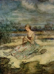 She sat down and plaited herself an overall of rushes and cap to match, from English Fairy Tales Retold by F.A. Steel, 1927